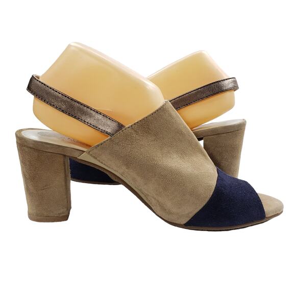 Eric Michael 10 Suede Leather Slingback Heels Womens Tan Black Block 3" Open Toe - Picture 6 of 11